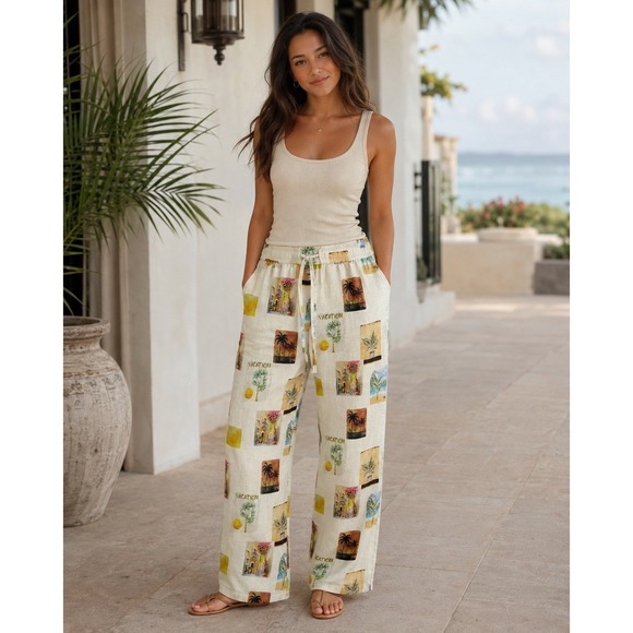 C&C California Pants - C&C California Small Linen Blend Vacation Print Wide Leg Pants Ivory Multi
